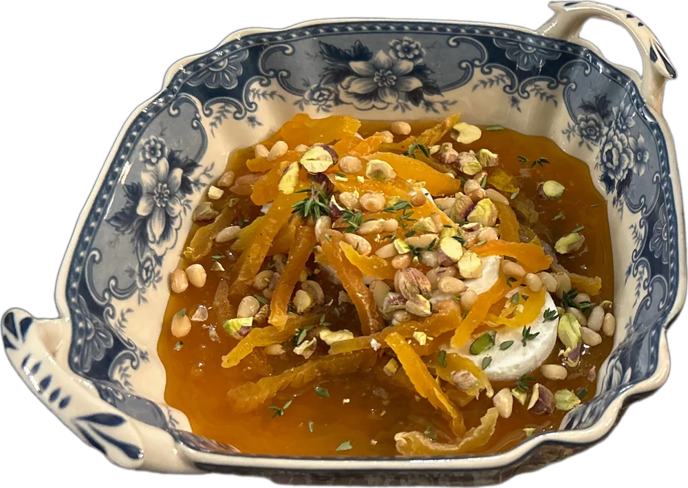 A warm dish in an antique blue tureen